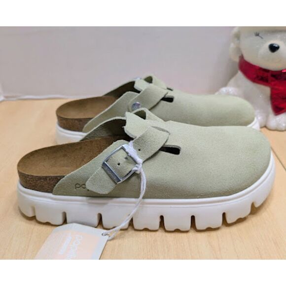 Birkenstock Papillio Boston Chunky Faded Lime Suede Leather Platform Clogs NWT - Picture 2 of 13